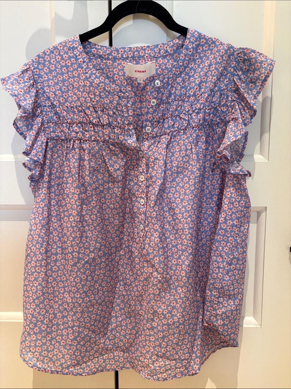 Kirena Floral Ruffle Button-Front Top - Lavender with Pink Flowers